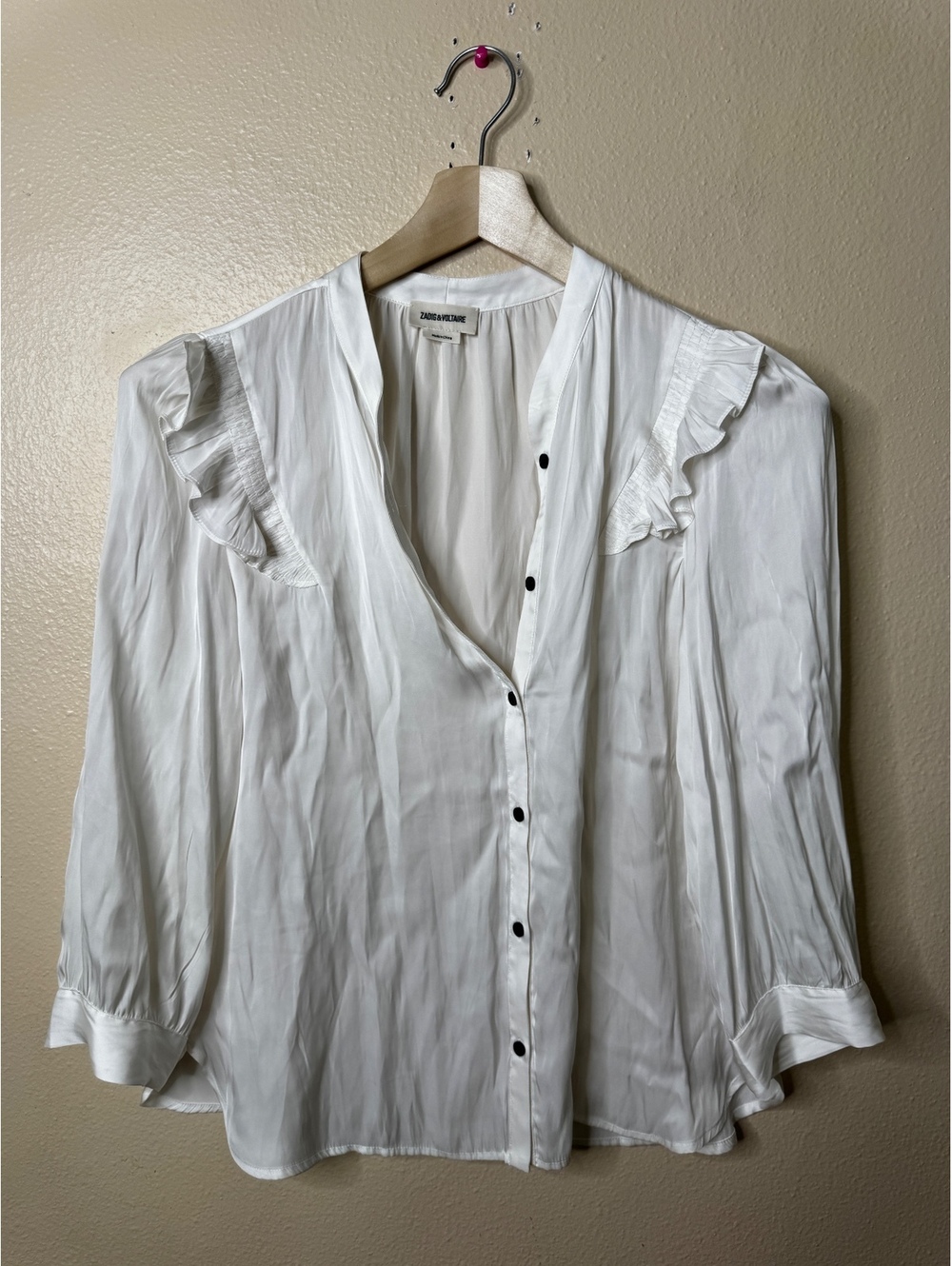 Zadig & Voltaire Womens M White Satin Blouse Ruffle 3/4 Sleeve Button Up